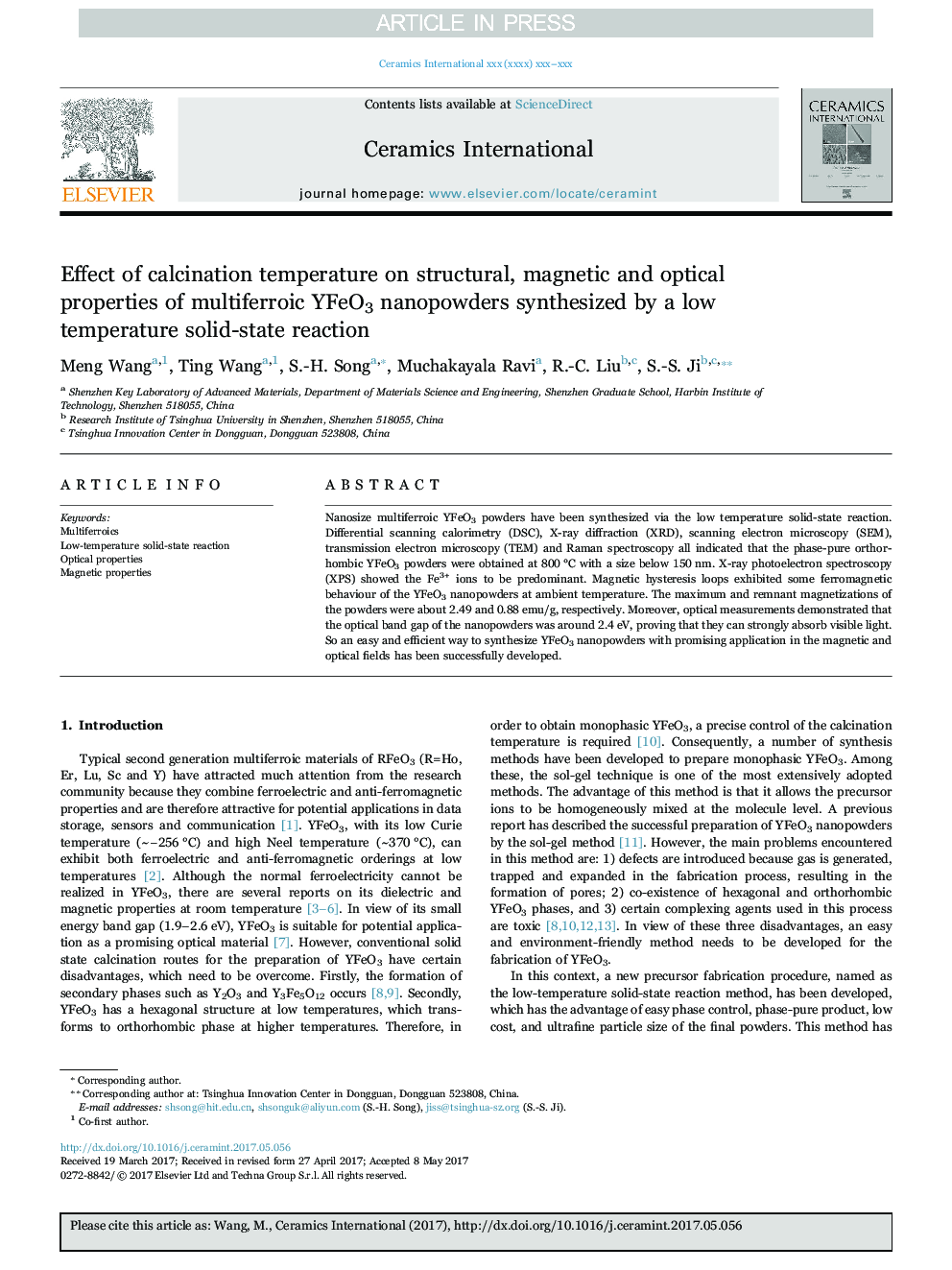 Effect of calcination temperature on structural, magnetic and optical properties of multiferroic YFeO3 nanopowders synthesized by a low temperature solid-state reaction