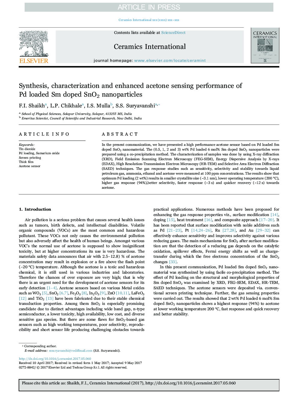 Synthesis, characterization and enhanced acetone sensing performance of Pd loaded Sm doped SnO2 nanoparticles