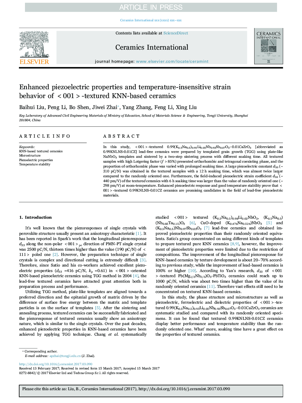 Enhanced piezoelectric properties and temperature-insensitive strain behavior of <001>-textured KNN-based ceramics