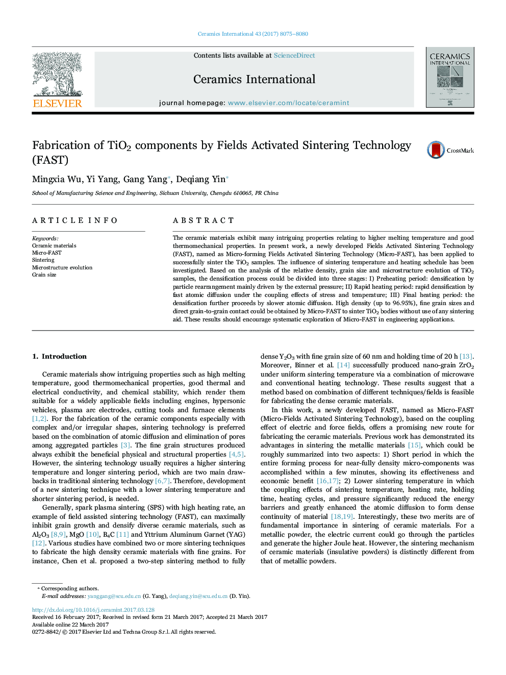 Fabrication of TiO2 components by Fields Activated Sintering Technology (FAST)