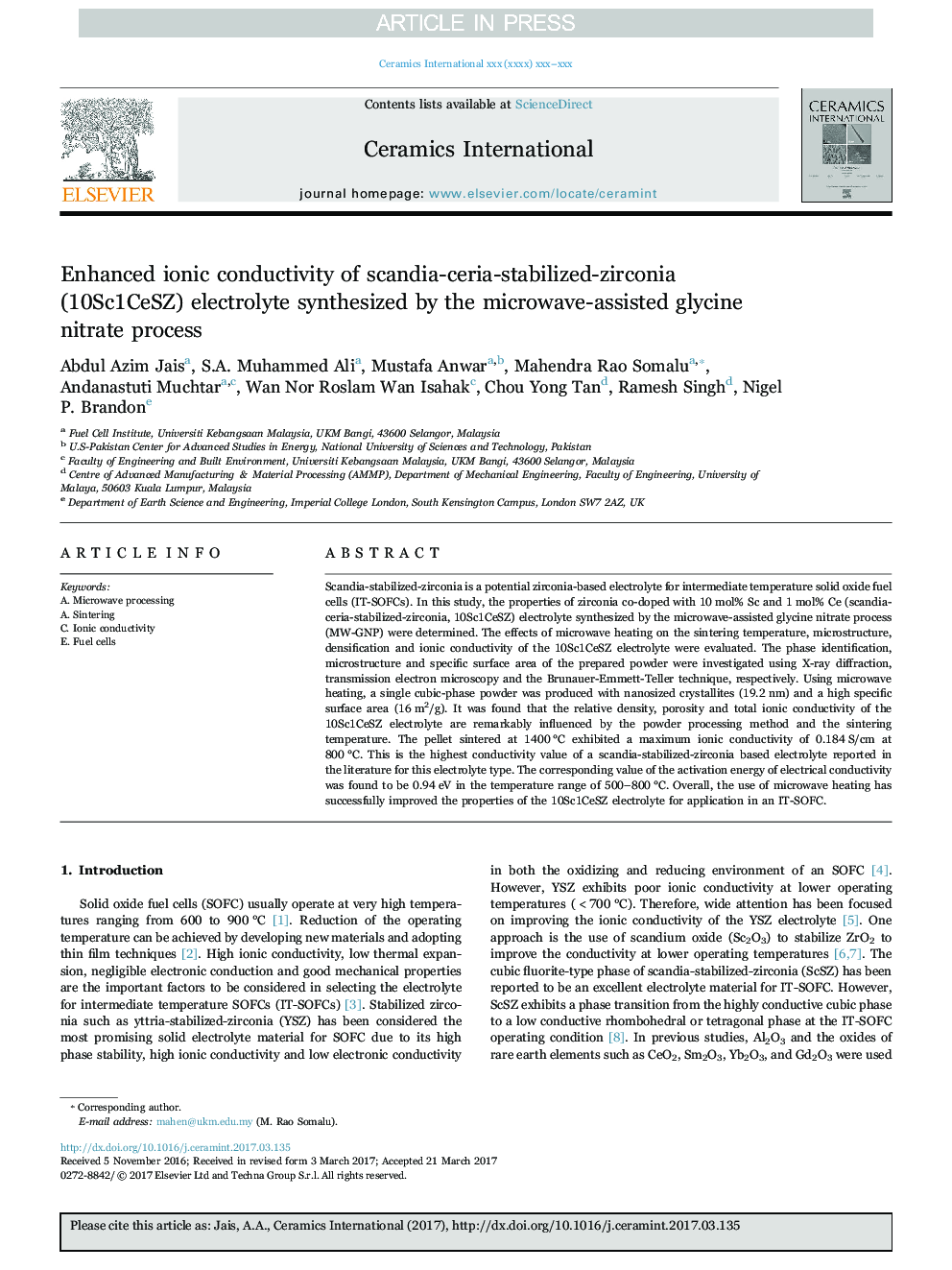 Enhanced ionic conductivity of scandia-ceria-stabilized-zirconia (10Sc1CeSZ) electrolyte synthesized by the microwave-assisted glycine nitrate process