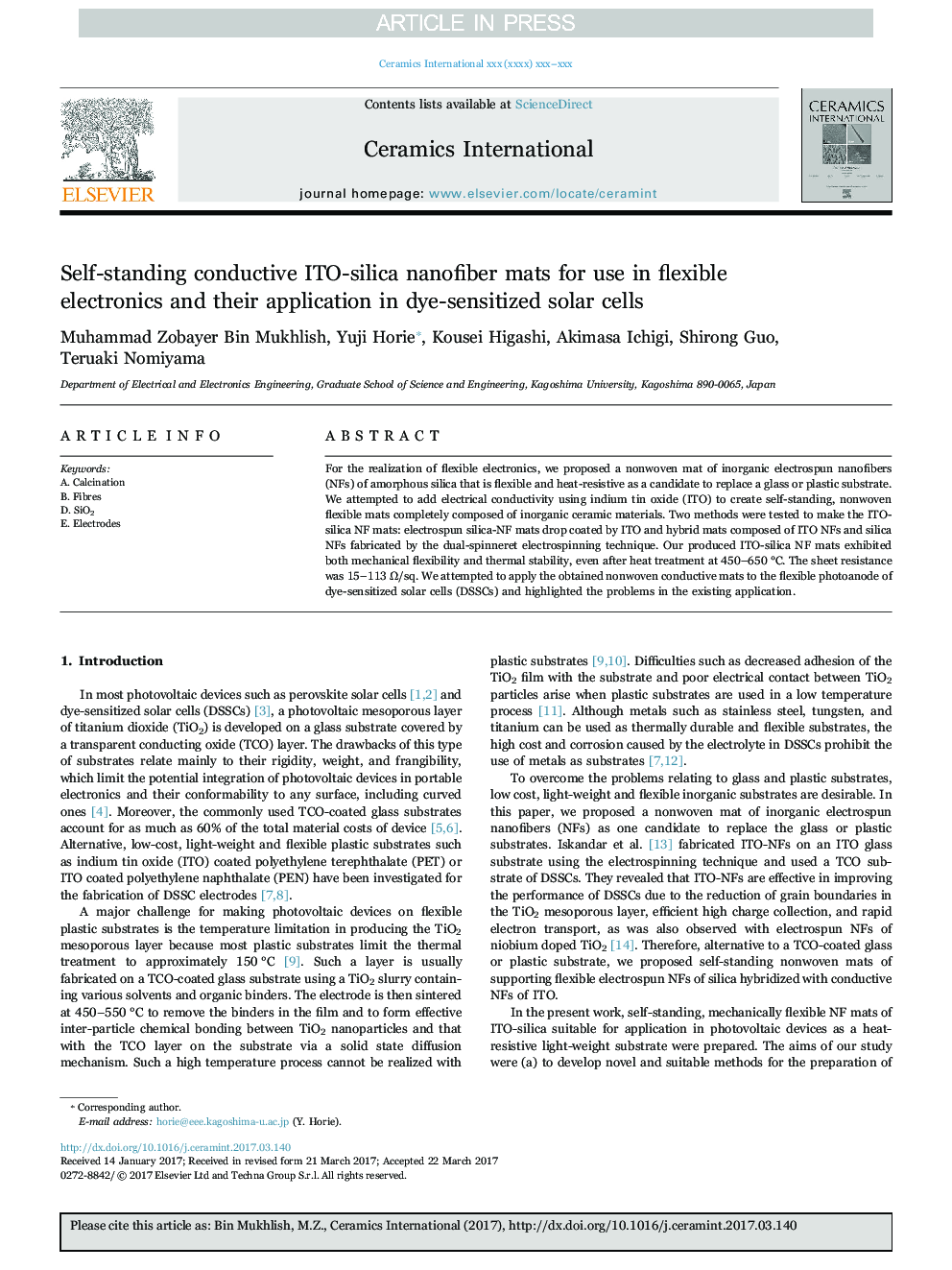 Self-standing conductive ITO-silica nanofiber mats for use in flexible electronics and their application in dye-sensitized solar cells