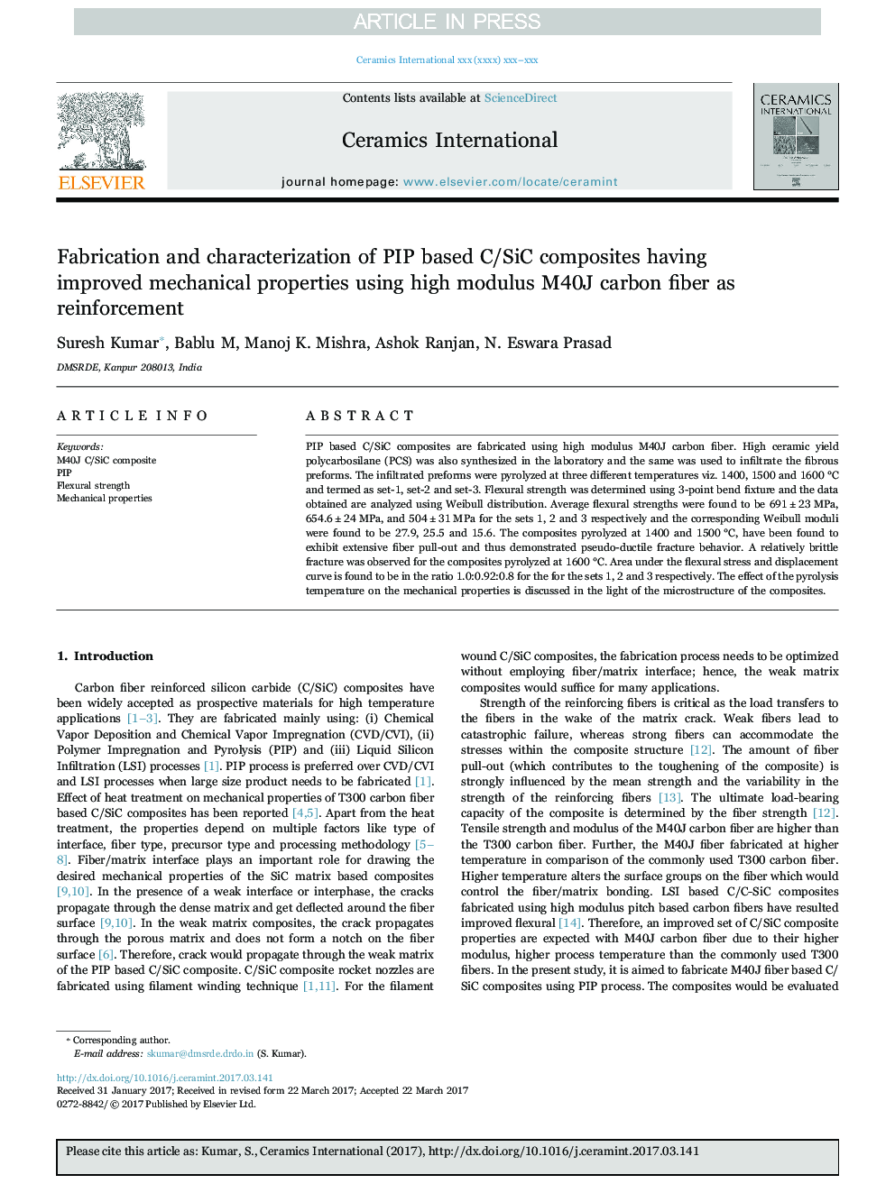 Fabrication and characterization of PIP based C/SiC composites having improved mechanical properties using high modulus M40J carbon fiber as reinforcement