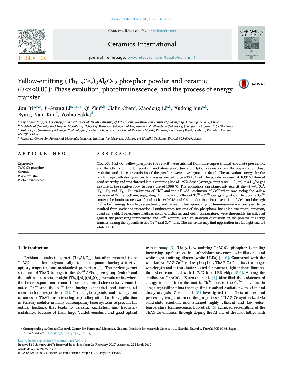 Yellow-emitting (Tb1âxCex)3Al5O12 phosphor powder and ceramic (0â¤xâ¤0.05): Phase evolution, photoluminescence, and the process of energy transfer