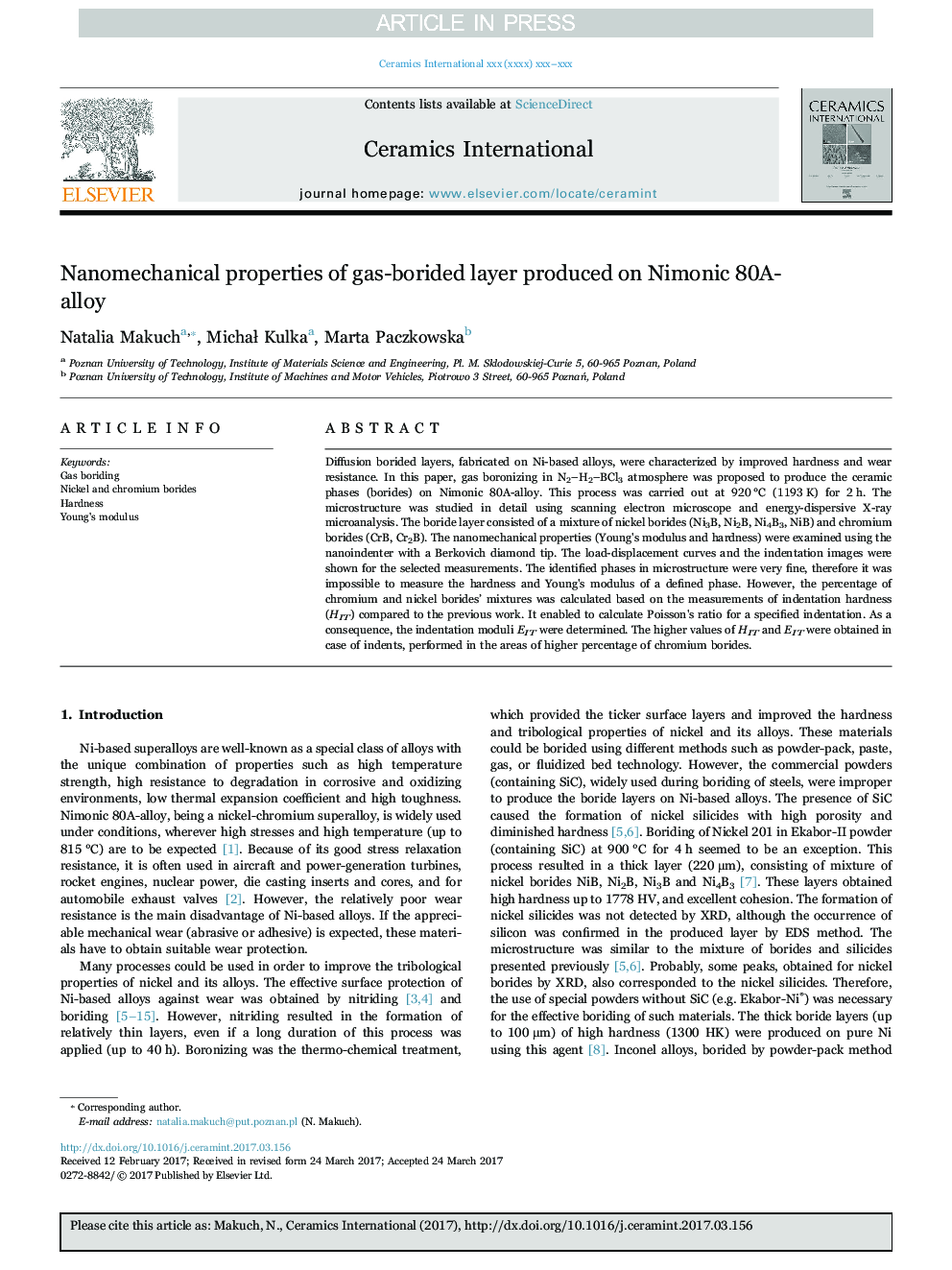 Nanomechanical properties of gas-borided layer produced on Nimonic 80A-alloy