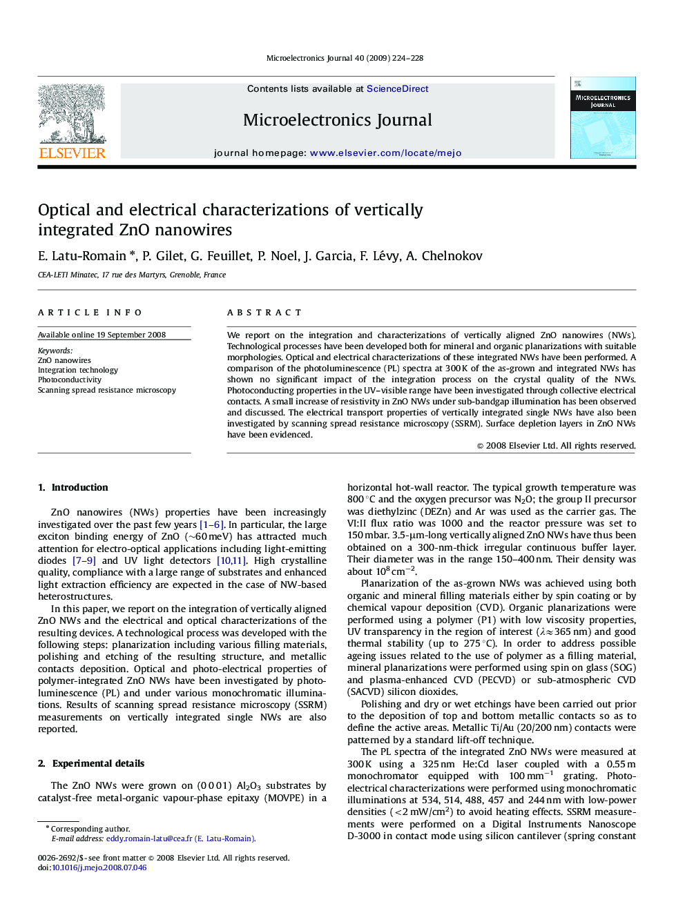 Optical and electrical characterizations of vertically integrated ZnO nanowires