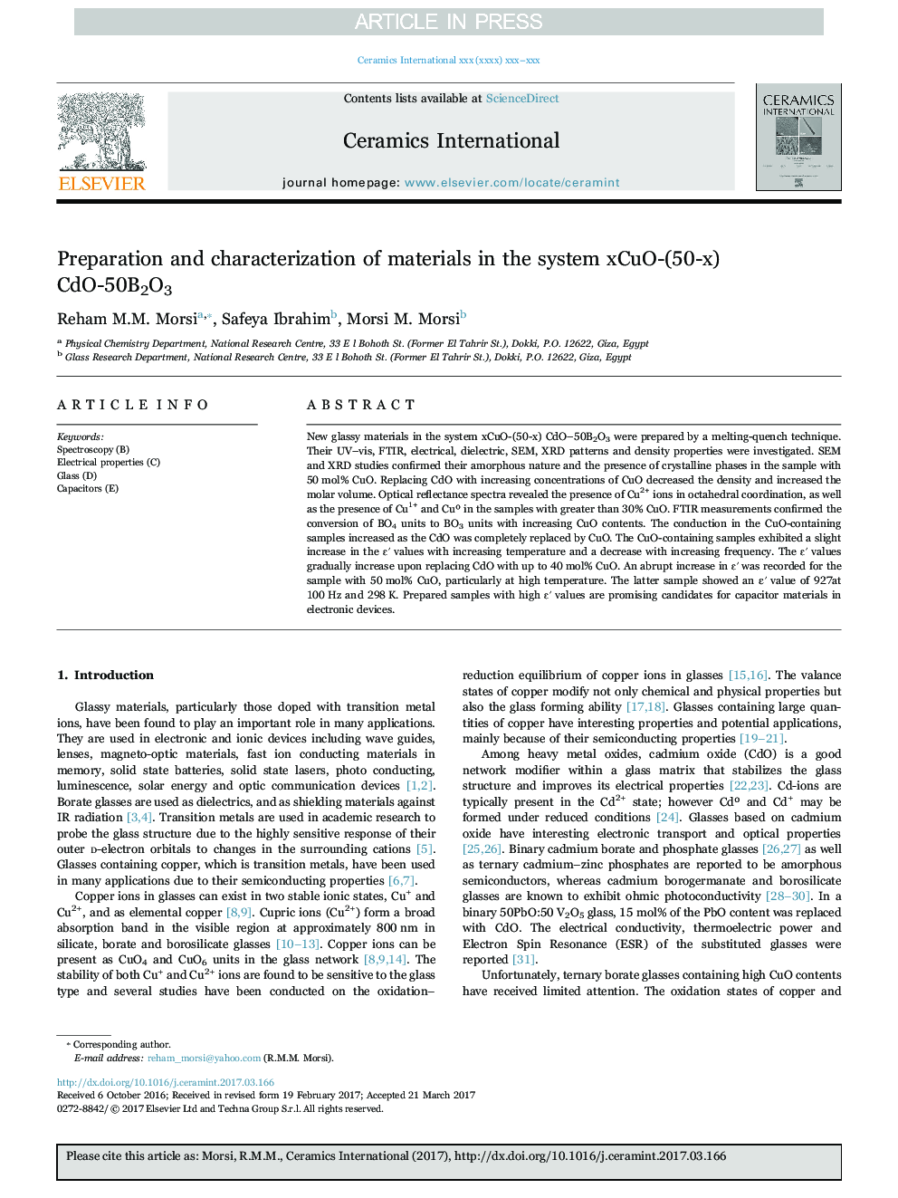 Preparation and characterization of materials in the system xCuO-(50-x) CdO-50B2O3