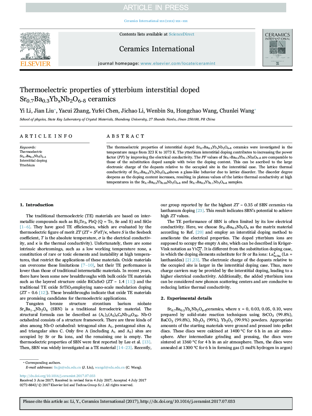 Thermoelectric properties of ytterbium interstitial doped Sr0.7Ba0.3YbxNb2O6-Î´ ceramics