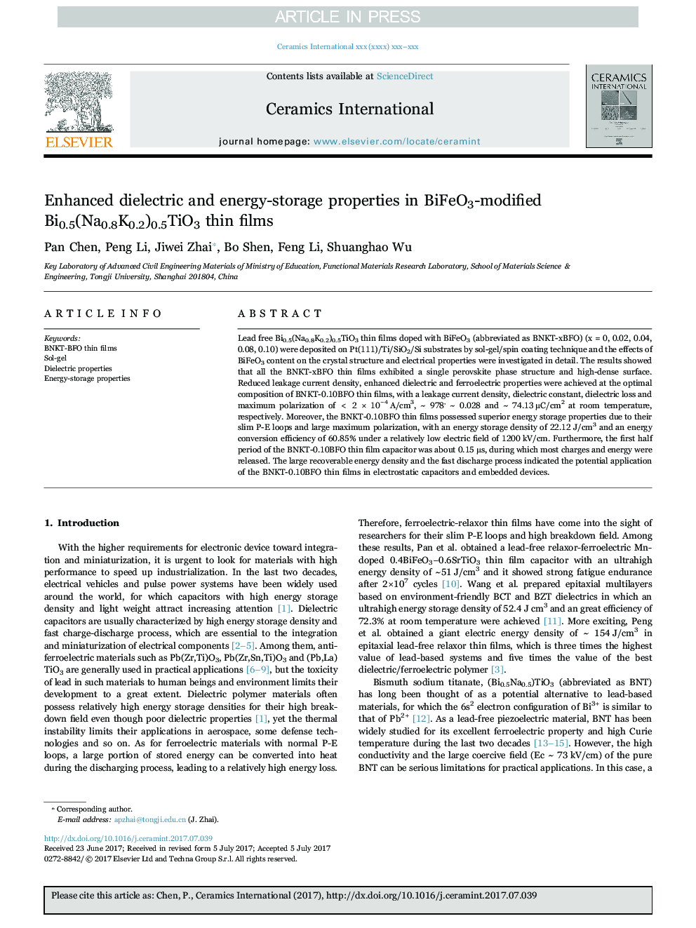 عکس صفحه اول مقاله: Enhanced dielectric and energy-storage properties in BiFeO3-modified Bi0.5(Na0.8K0.2)0.5TiO3 thin films Enhanced dielectric and energy-storage properties in BiFeO3-modified Bi0.5(Na0.8K0.2)0.5TiO3 thin films