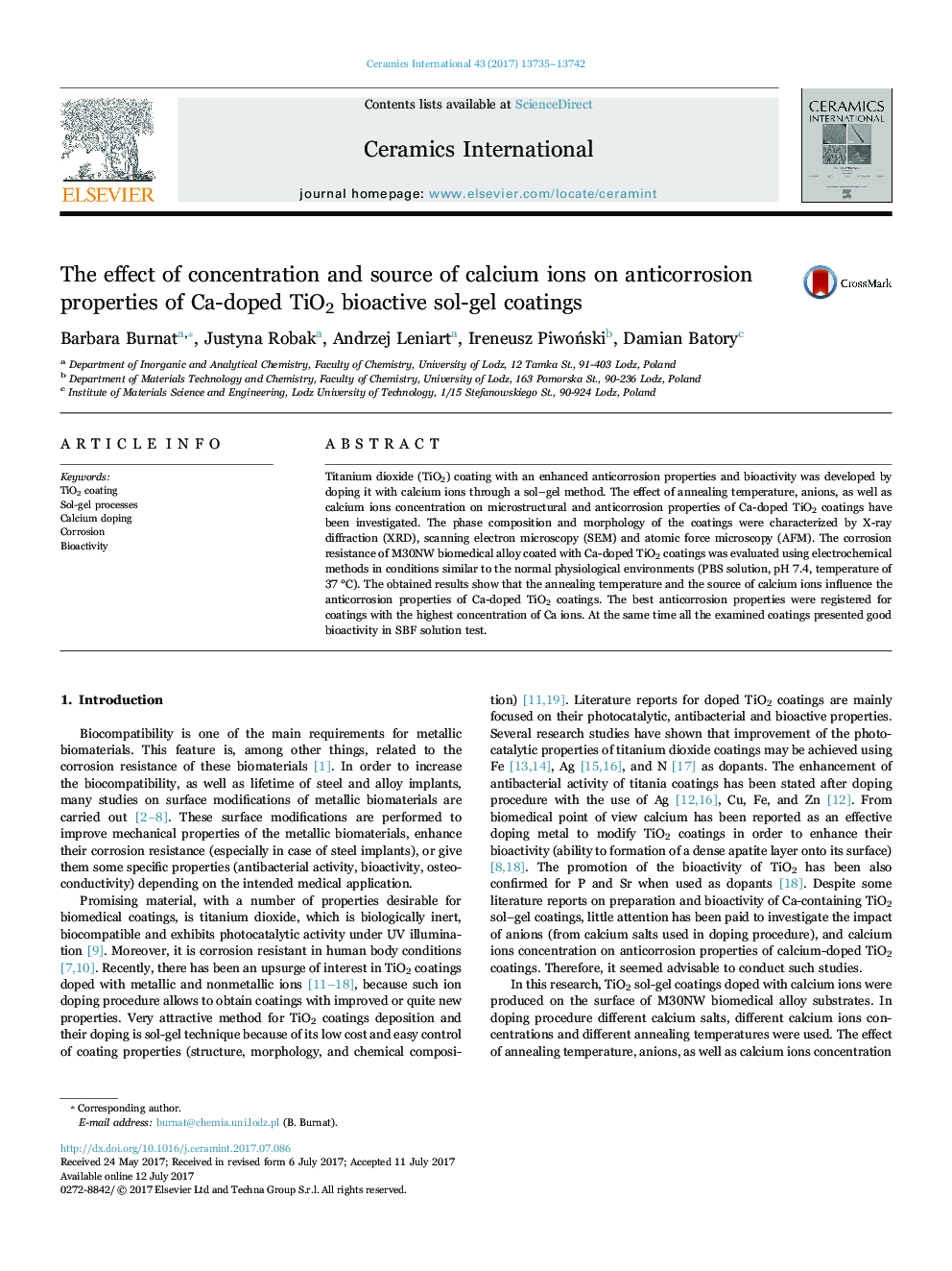 The effect of concentration and source of calcium ions on anticorrosion properties of Ca-doped TiO2 bioactive sol-gel coatings