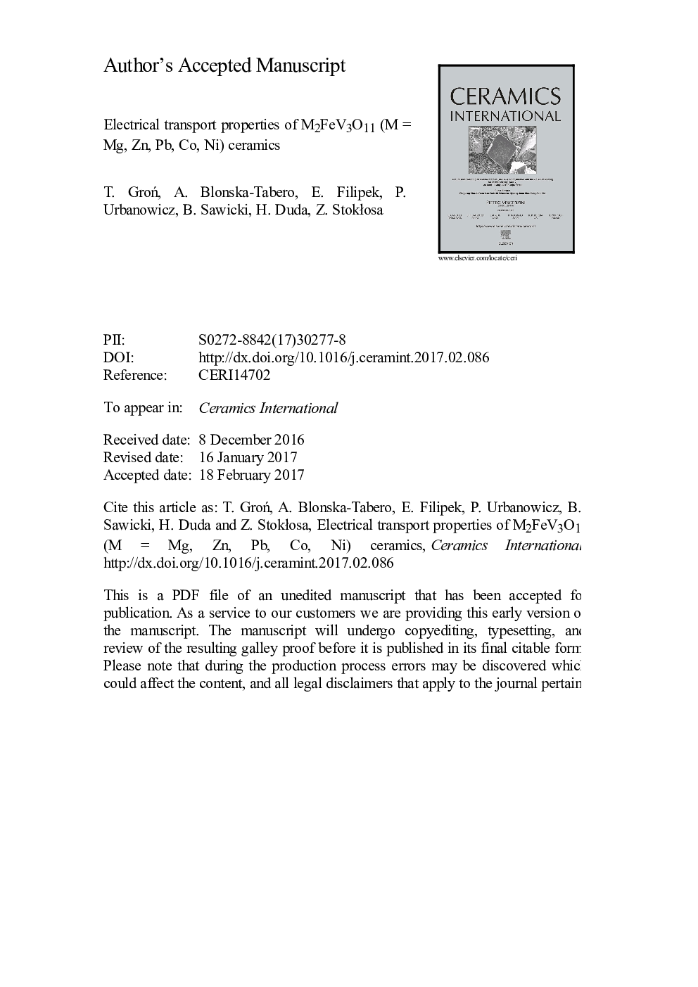 عکس صفحه اول مقاله: Electrical transport properties of M2FeV3O11 (M=Mg, Zn, Pb, Co, Ni) ceramics Electrical transport properties of M2FeV3O11 (M=Mg, Zn, Pb, Co, Ni) ceramics