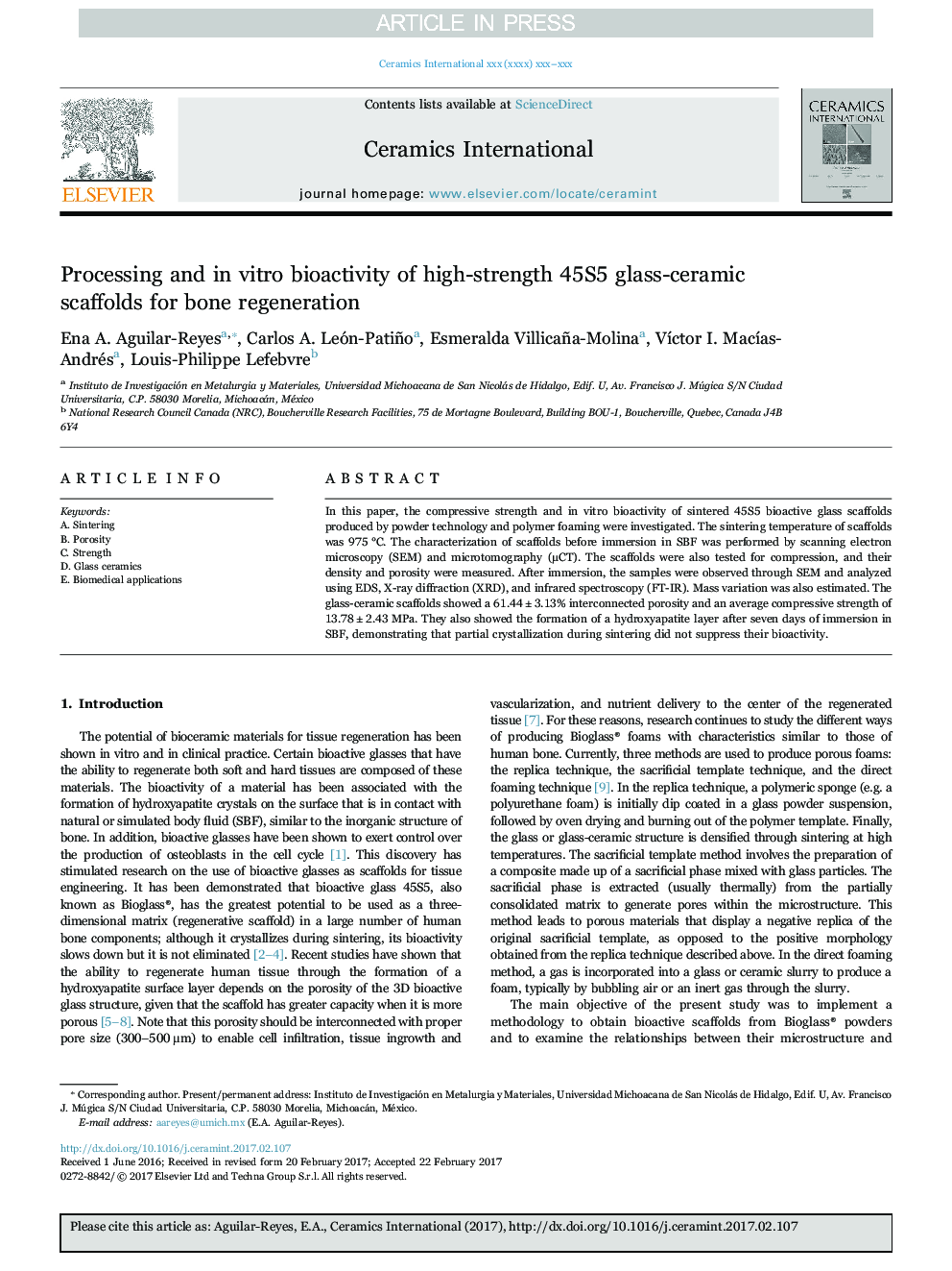 Processing and in vitro bioactivity of high-strength 45S5 glass-ceramic scaffolds for bone regeneration