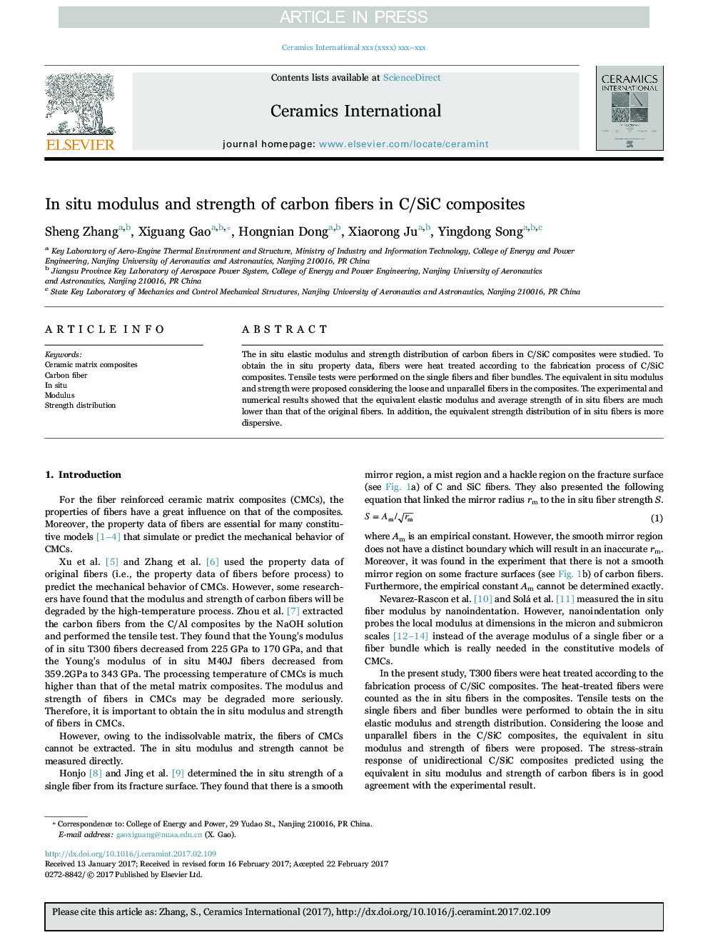 In situ modulus and strength of carbon fibers in C/SiC composites