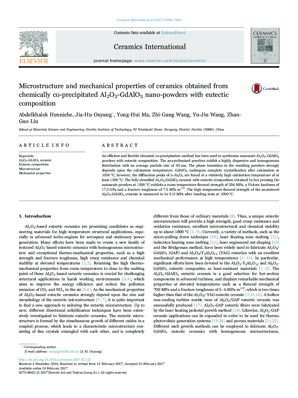 Microstructure and mechanical properties of ceramics obtained from chemically co-precipitated Al2O3-GdAlO3 nano-powders with eutectic composition