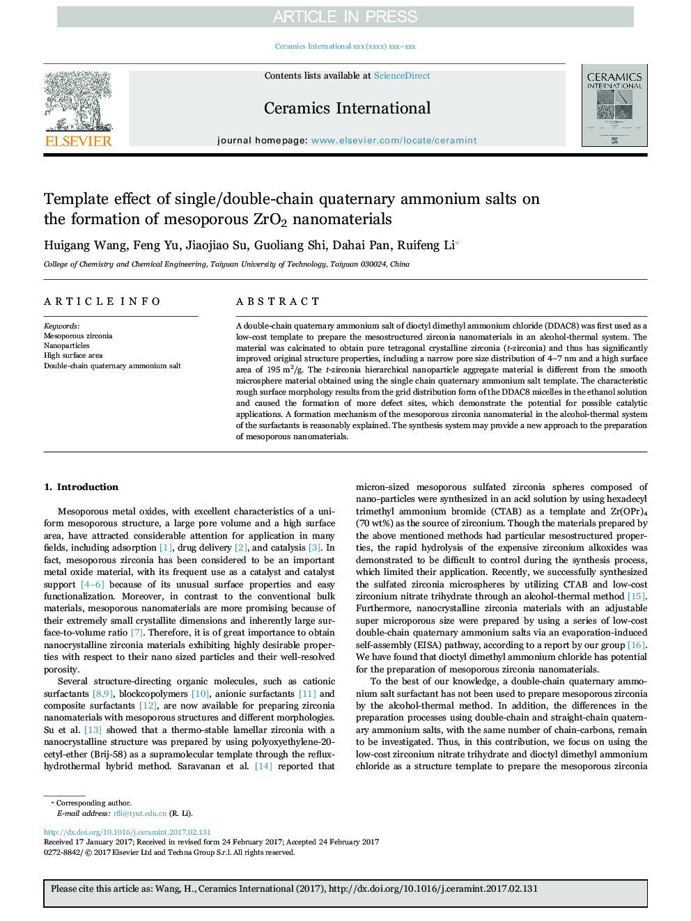 Template effect of single/double-chain quaternary ammonium salts on the formation of mesoporous ZrO2 nanomaterials