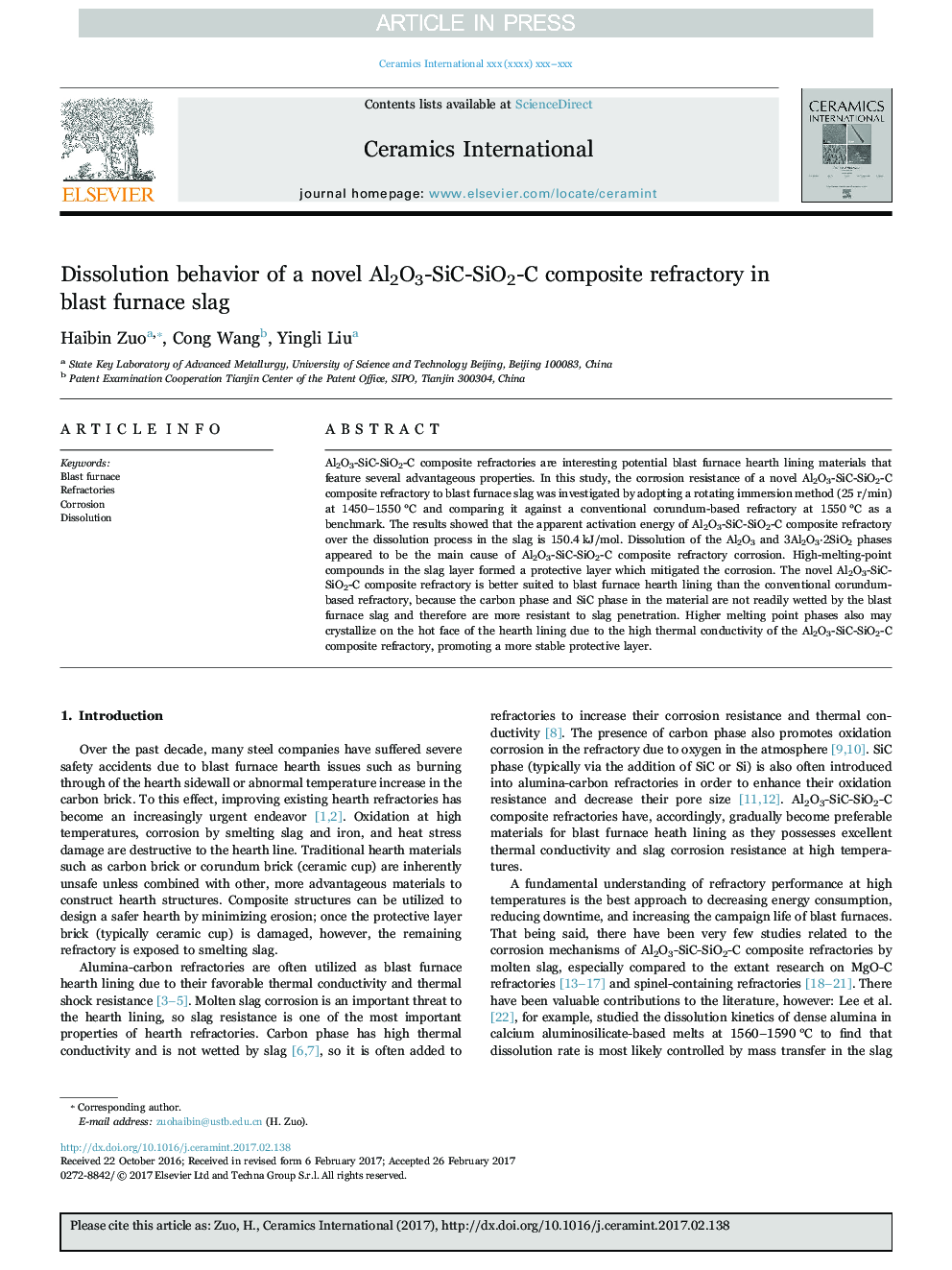 Dissolution behavior of a novel Al2O3-SiC-SiO2-C composite refractory in blast furnace slag