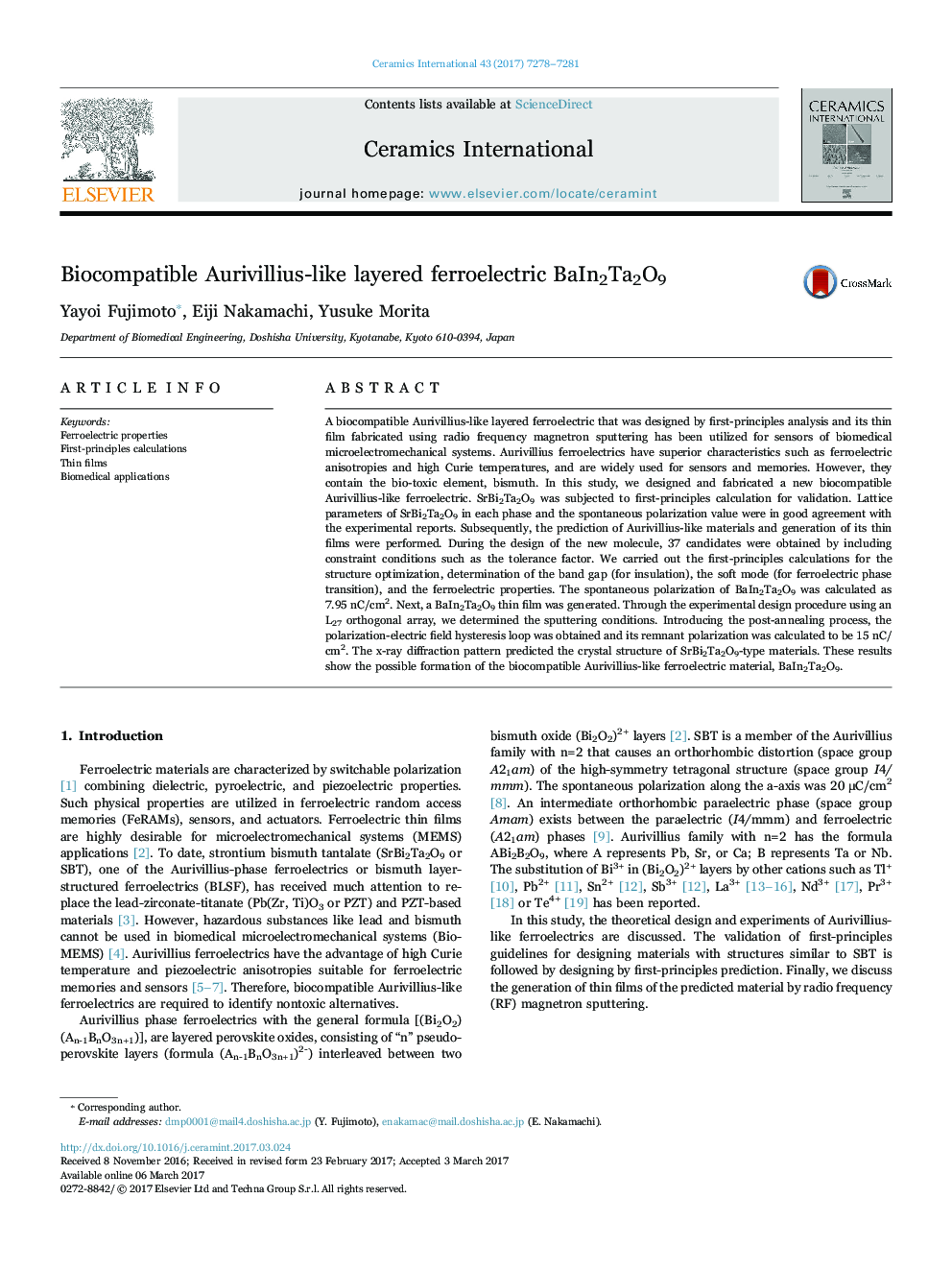 Biocompatible Aurivillius-like layered ferroelectric BaIn2Ta2O9