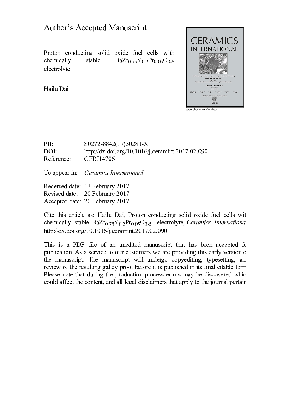 Proton conducting solid oxide fuel cells with chemically stable BaZr0.75Y0.2Pr0.05O3-Î´ electrolyte