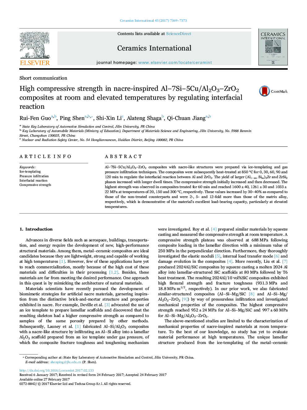 High compressive strength in nacre-inspired Alâ7Siâ5Cu/Al2O3-ZrO2 composites at room and elevated temperatures by regulating interfacial reaction