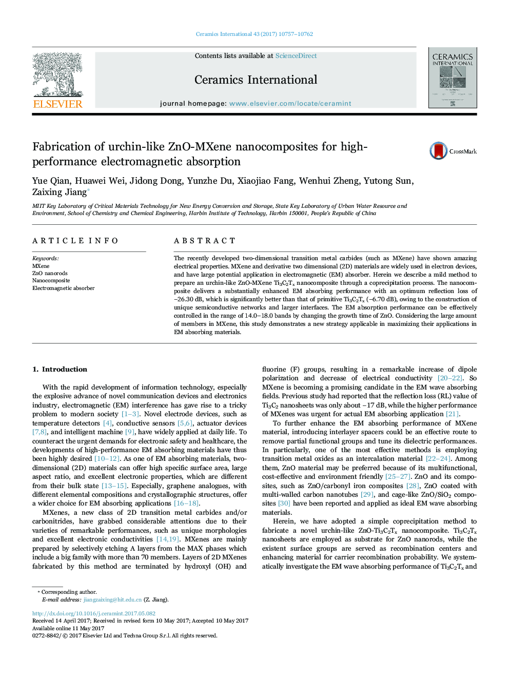 Fabrication of urchin-like ZnO-MXene nanocomposites for high-performance electromagnetic absorption