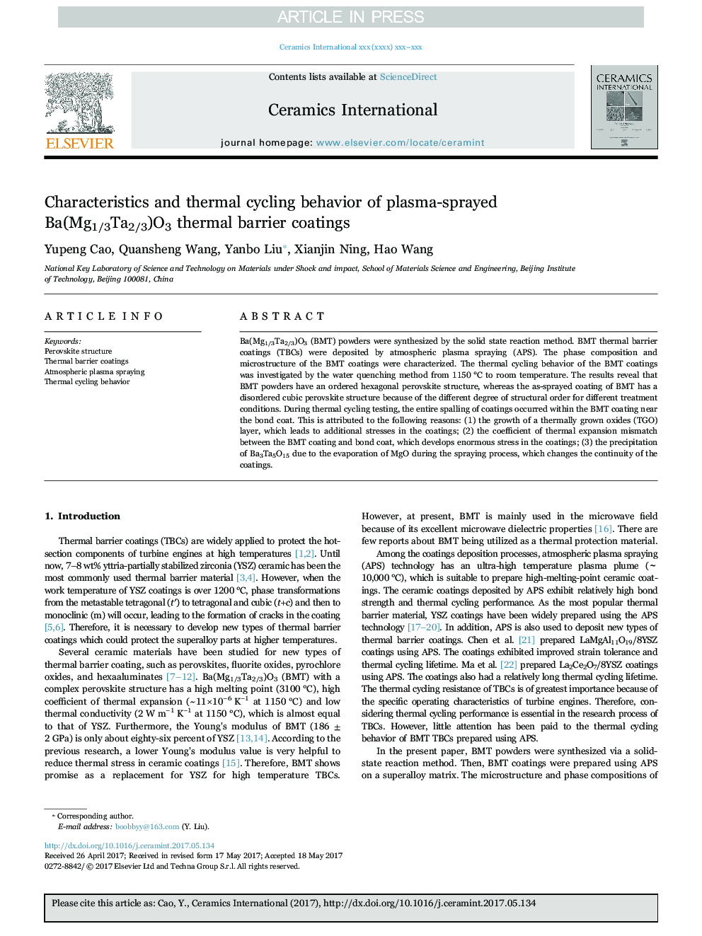 Characteristics and thermal cycling behavior of plasma-sprayed Ba(Mg1/3Ta2/3)O3 thermal barrier coatings