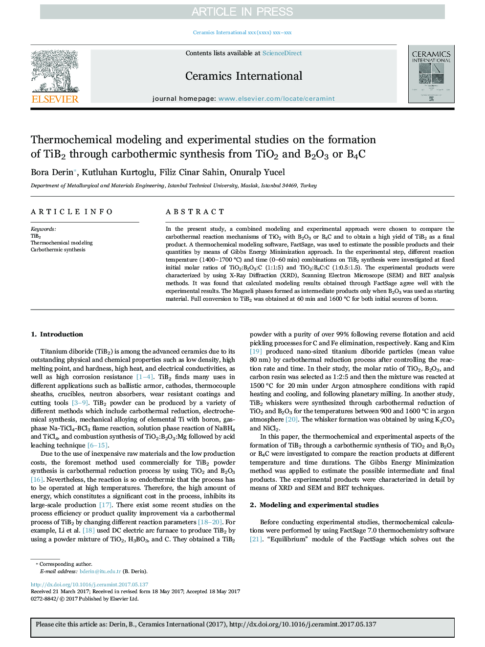 Thermochemical modeling and experimental studies on the formation of TiB2 through carbothermic synthesis from TiO2 and B2O3 or B4C