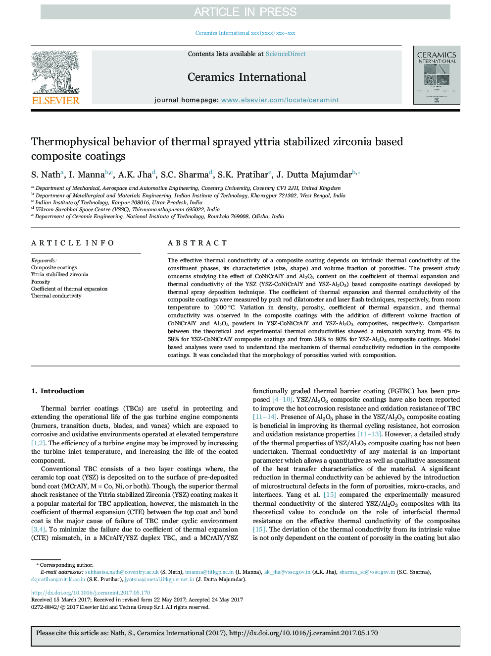 Thermophysical behavior of thermal sprayed yttria stabilized zirconia based composite coatings