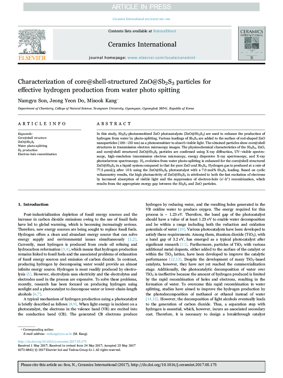 Characterization of core@shell-structured ZnO@Sb2S3 particles for effective hydrogen production from water photo spitting