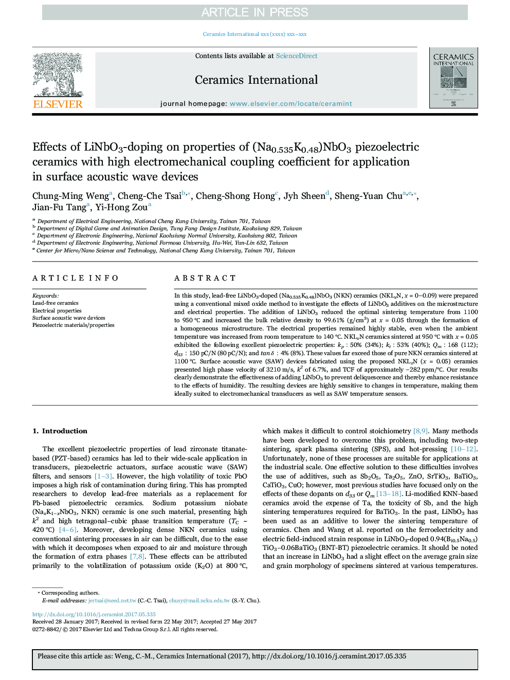 Effects of LiNbO3-doping on properties of (Na0.535K0.48)NbO3 piezoelectric ceramics with high electromechanical coupling coefficient for application in surface acoustic wave devices