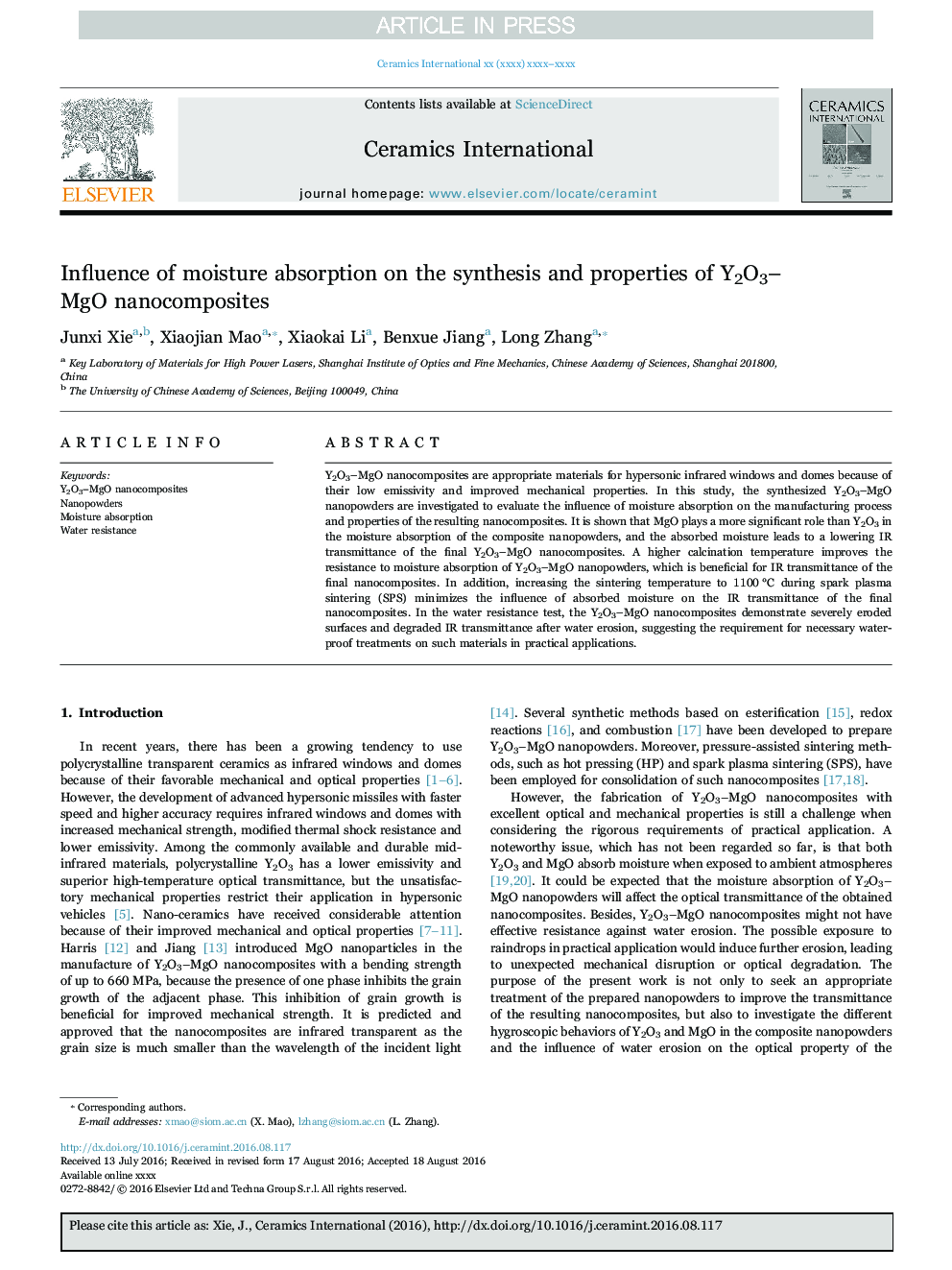 Influence of moisture absorption on the synthesis and properties of Y2O3-MgO nanocomposites