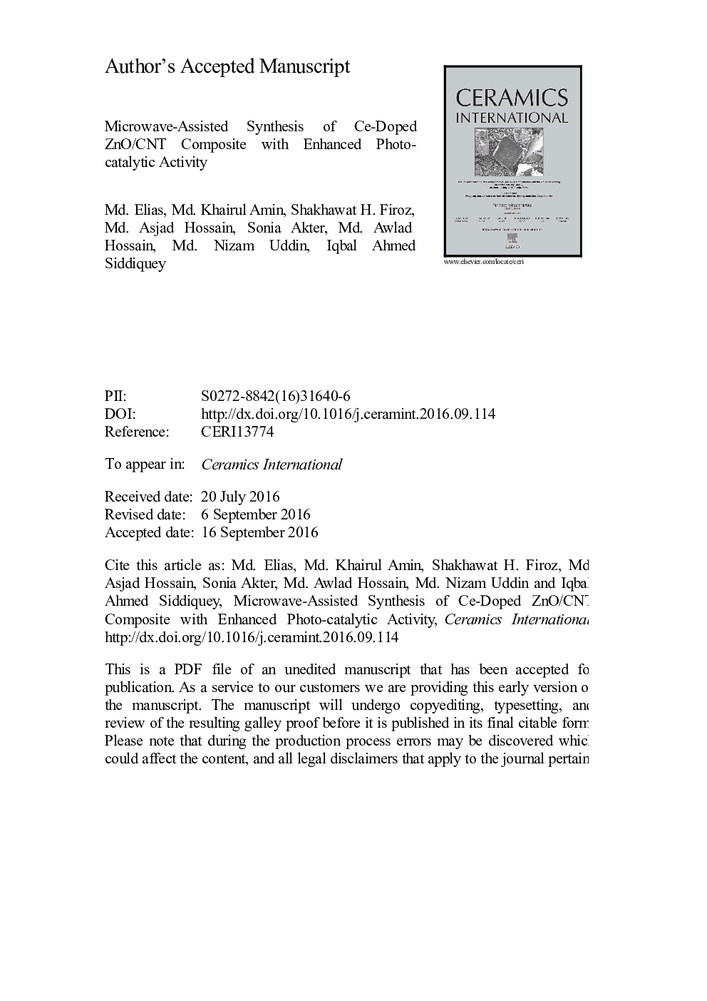 Microwave-assisted synthesis of Ce-doped ZnO/CNT composite with enhanced photo-catalytic activity