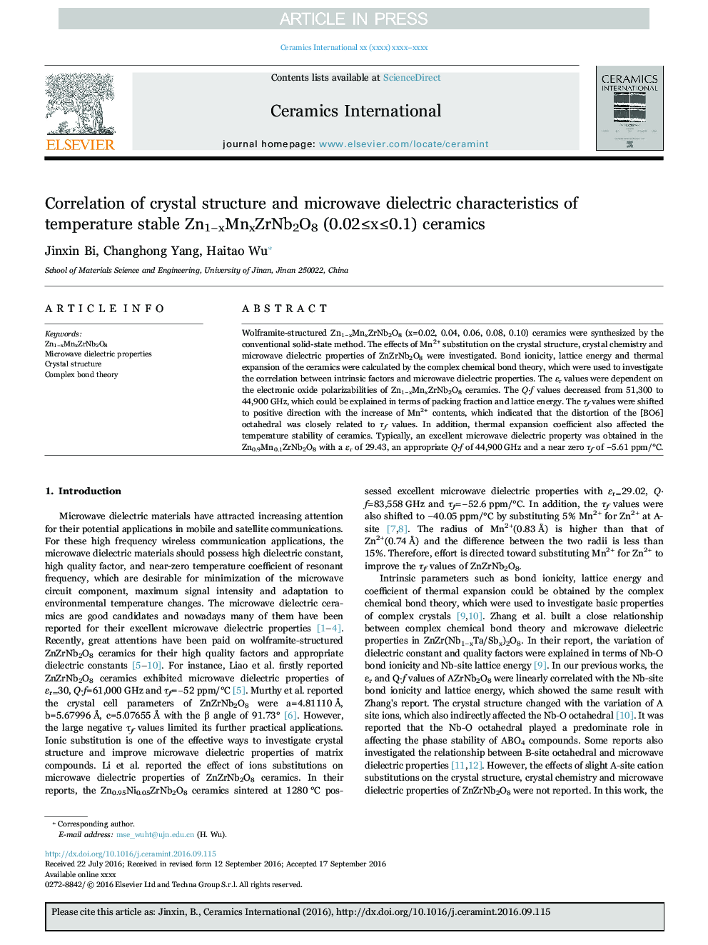 عکس صفحه اول مقاله: Correlation of crystal structure and microwave dielectric characteristics of temperature stable Zn1âxMnxZrNb2O8 (0.02â¤xâ¤0.1) ceramics Correlation of crystal structure and microwave dielectric characteristics of temperature stable Zn1âxMnxZrNb2O8 (0.02â¤xâ¤0.1) ceramics