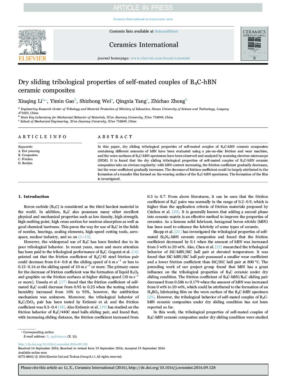 Dry sliding tribological properties of self-mated couples of B4C-hBN ceramic composites