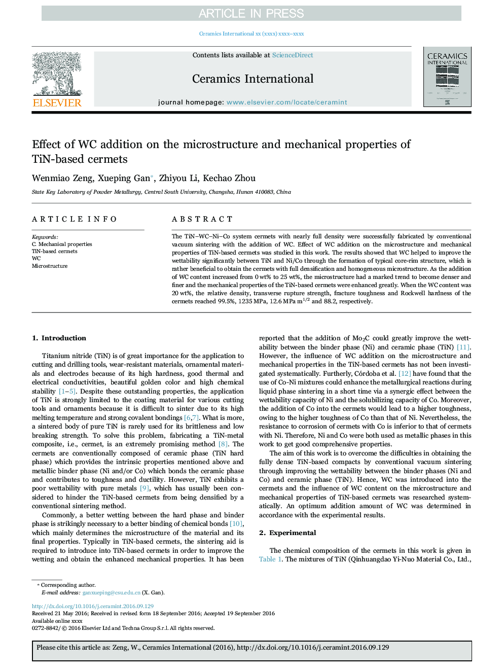 Effect of WC addition on the microstructure and mechanical properties of TiN-based cermets