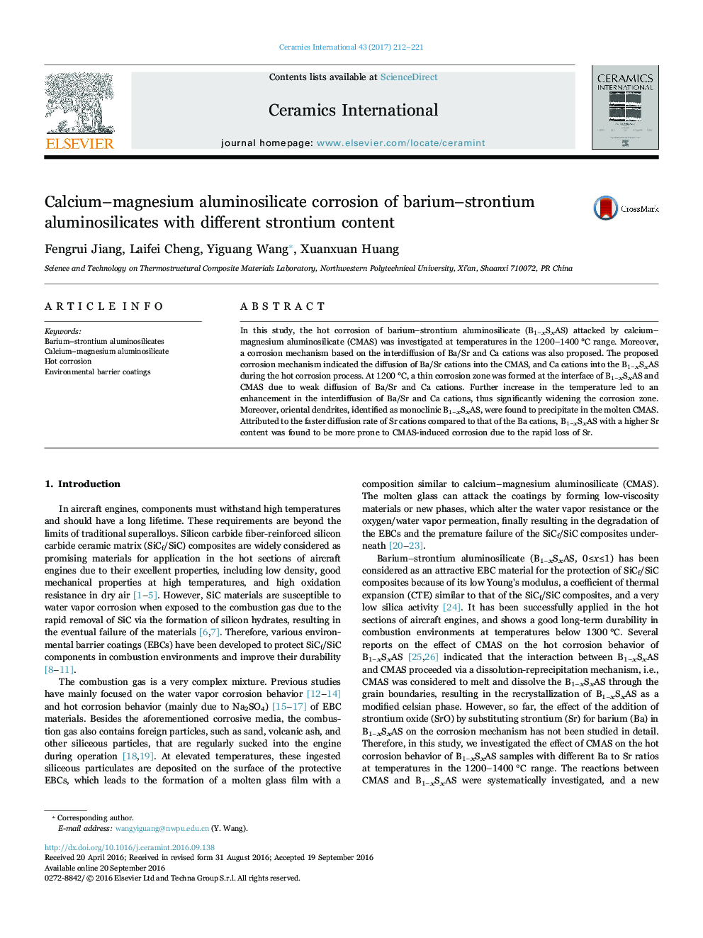 Calcium-magnesium aluminosilicate corrosion of barium-strontium aluminosilicates with different strontium content