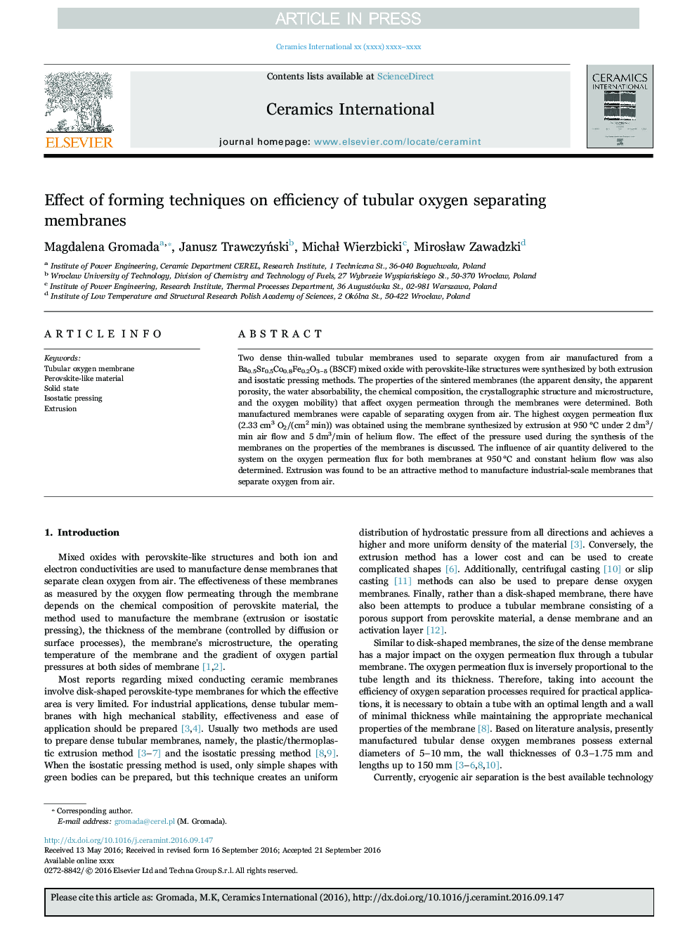 Effect of forming techniques on efficiency of tubular oxygen separating membranes