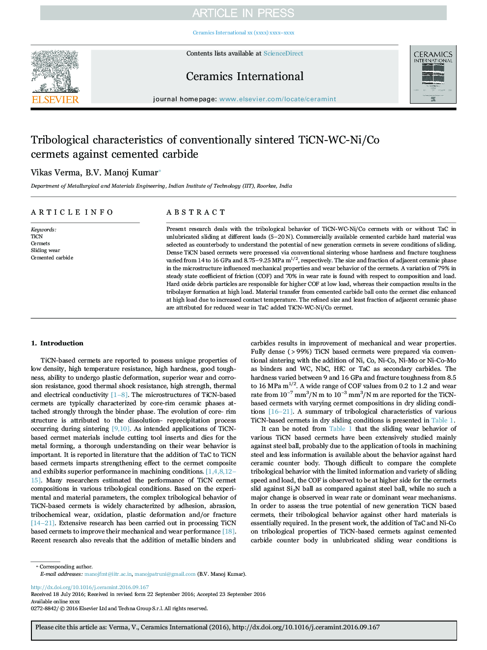 Tribological characteristics of conventionally sintered TiCN-WC-Ni/Co cermets against cemented carbide