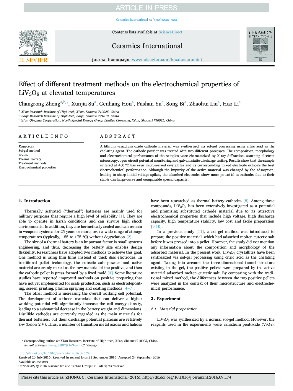 Effect of different treatment methods on the electrochemical properties of LiV3O8 at elevated temperatures