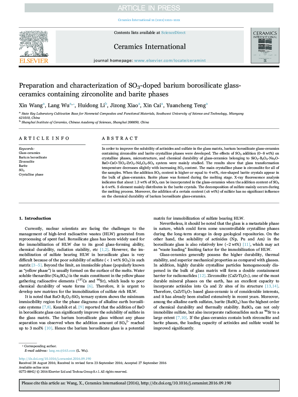 Preparation and characterization of SO3-doped barium borosilicate glass-ceramics containing zirconolite and barite phases