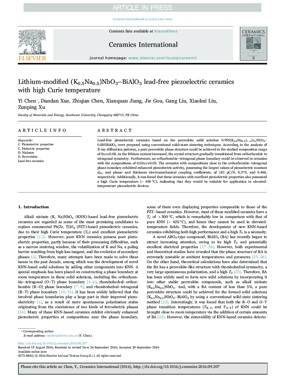 Lithium-modified (K0.5Na0.5)NbO3-BiAlO3 lead-free piezoelectric ceramics with high Curie temperature