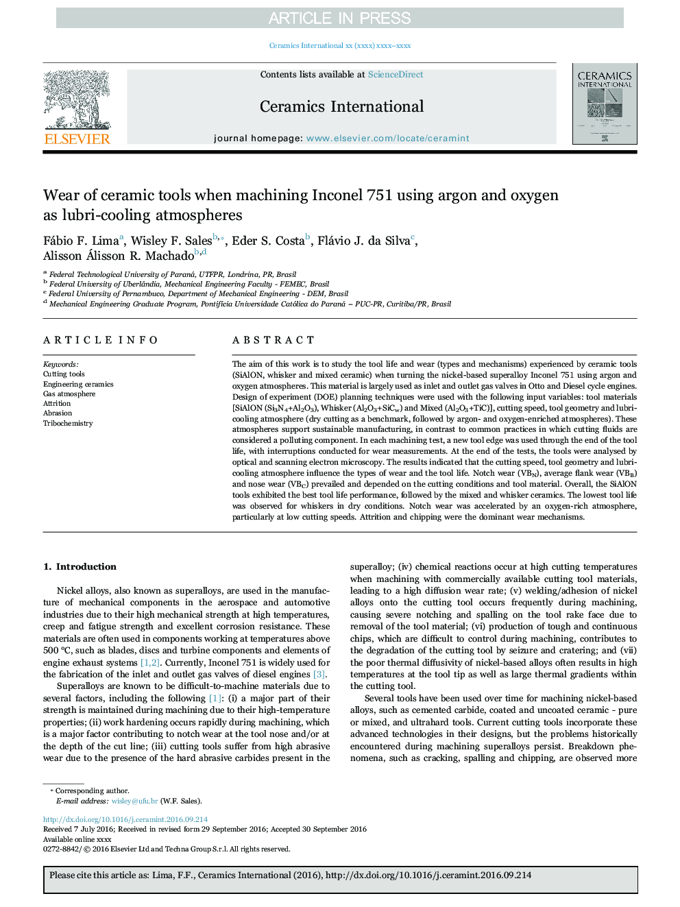 Wear of ceramic tools when machining Inconel 751 using argon and oxygen as lubri-cooling atmospheres
