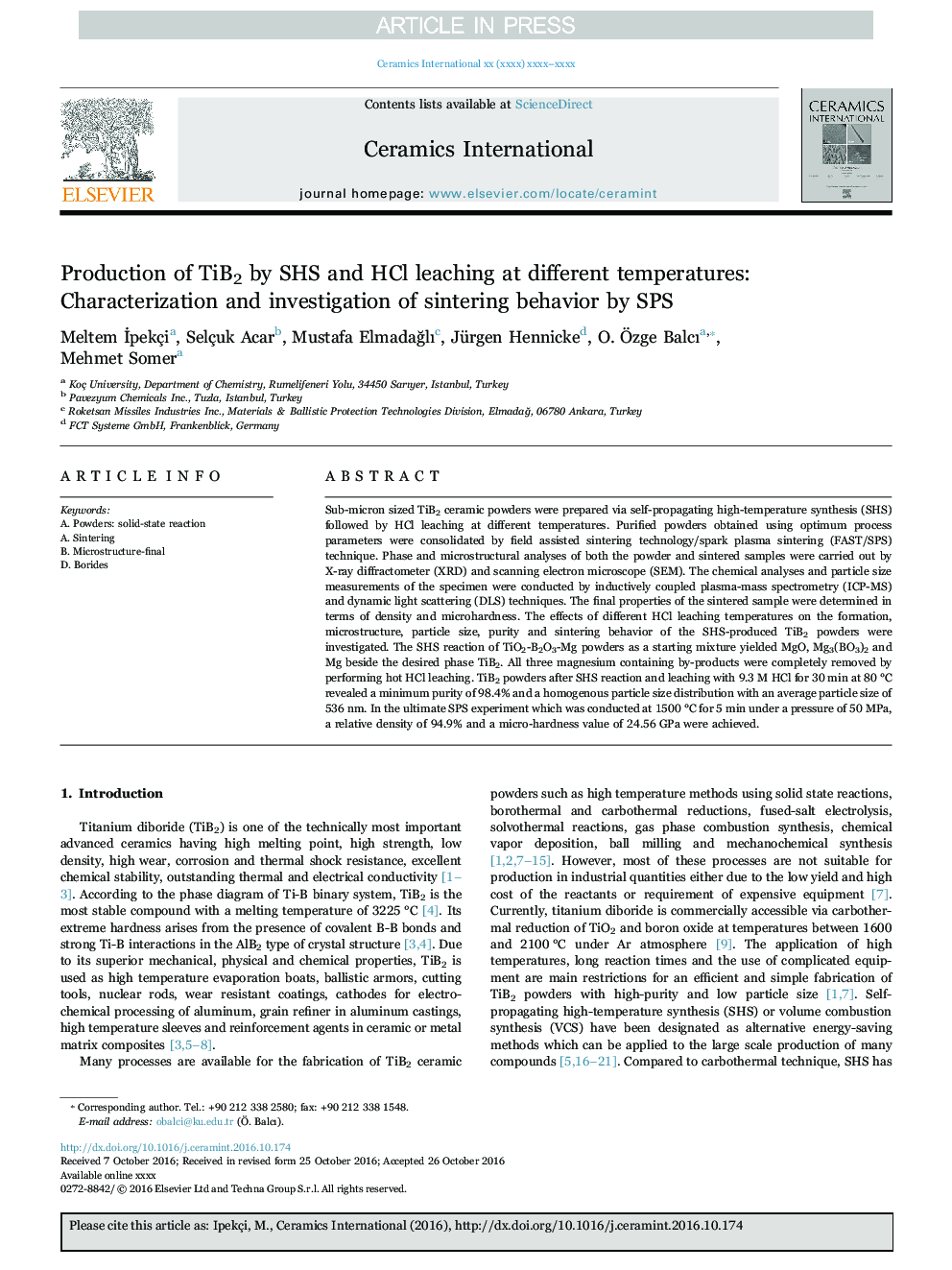 Production of TiB2 by SHS and HCl leaching at different temperatures: Characterization and investigation of sintering behavior by SPS