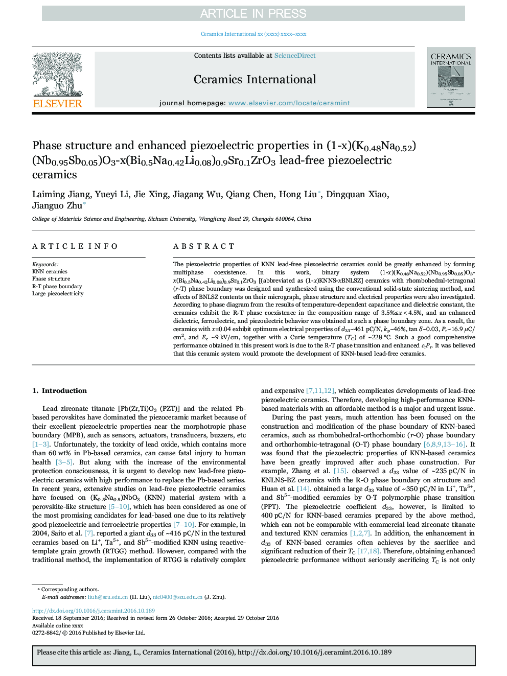 Phase structure and enhanced piezoelectric properties in (1-x)(K0.48Na0.52)(Nb0.95Sb0.05)O3-x(Bi0.5Na0.42Li0.08)0.9Sr0.1ZrO3 lead-free piezoelectric ceramics