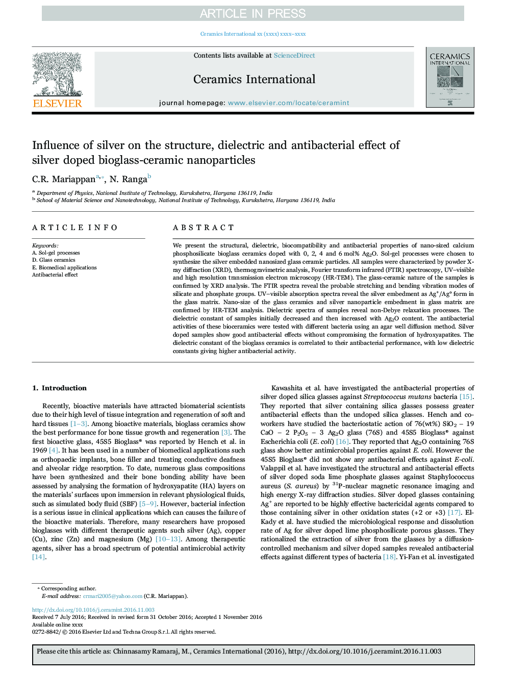 Influence of silver on the structure, dielectric and antibacterial effect of silver doped bioglass-ceramic nanoparticles