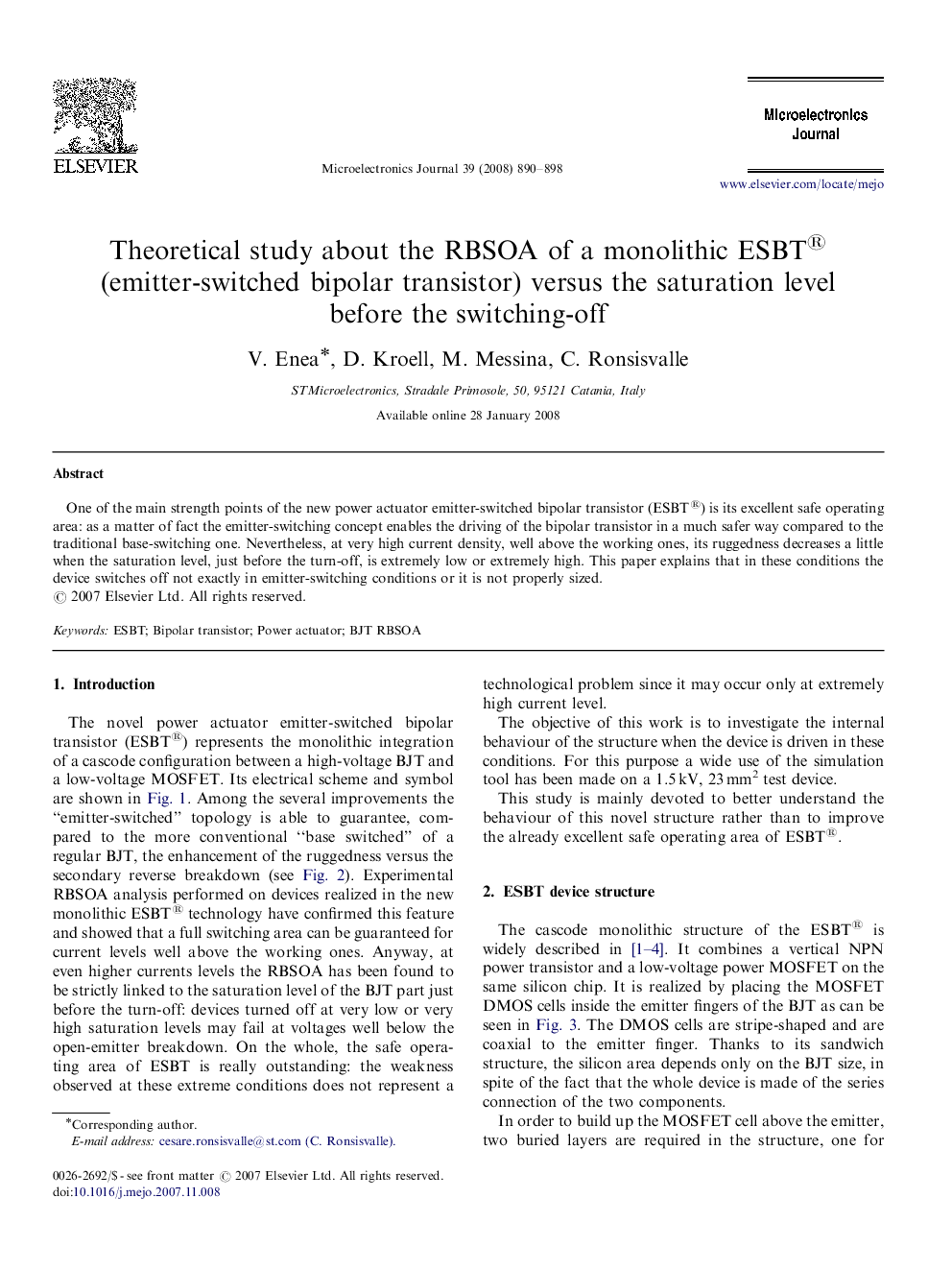 Theoretical study about the RBSOA of a monolithic ESBT® (emitter-switched bipolar transistor) versus the saturation level before the switching-off