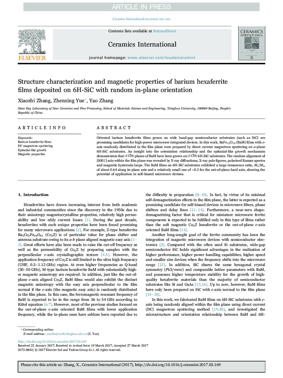 Structure characterization and magnetic properties of barium hexaferrite films deposited on 6H-SiC with random in-plane orientation