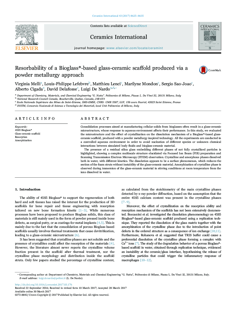 Resorbability of a Bioglass®-based glass-ceramic scaffold produced via a powder metallurgy approach