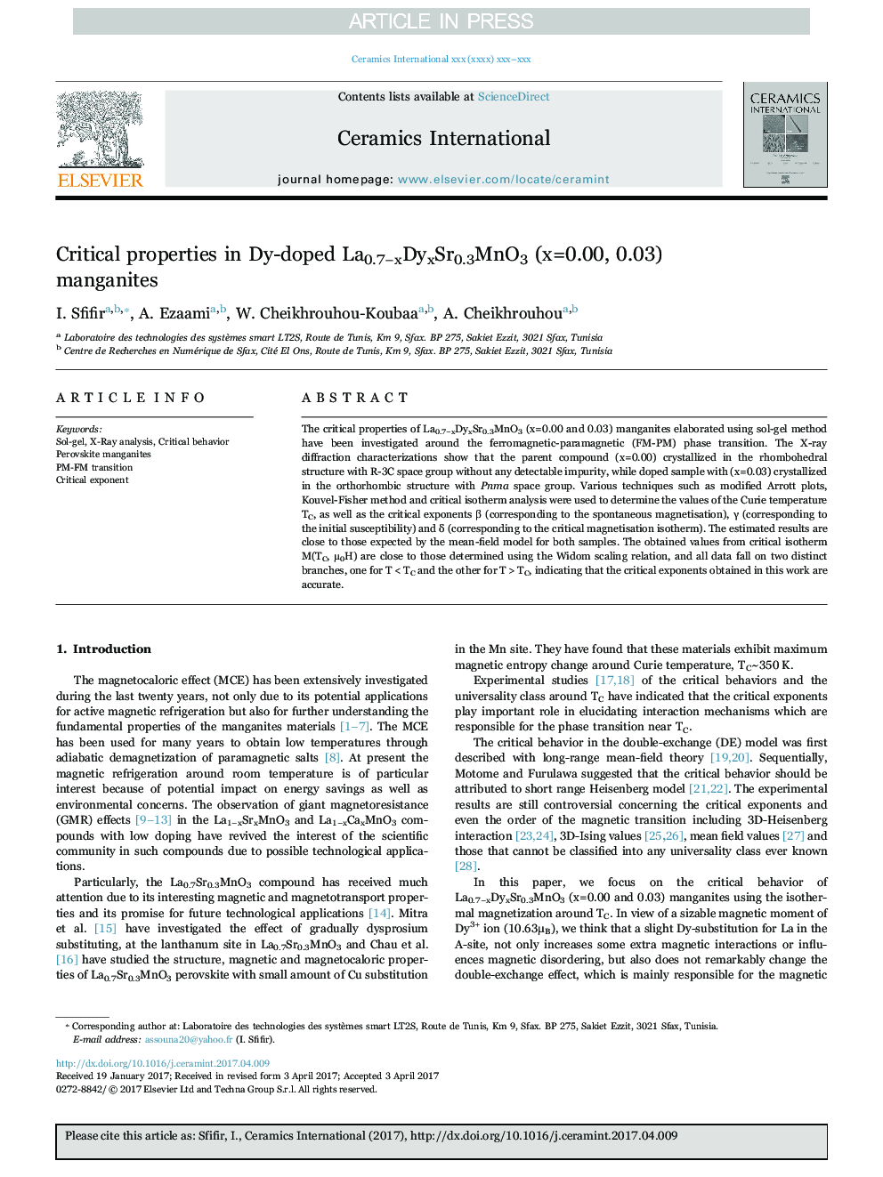 Critical properties in Dy-doped La0.7âxDyxSr0.3MnO3 (x=0.00, 0.03) manganites