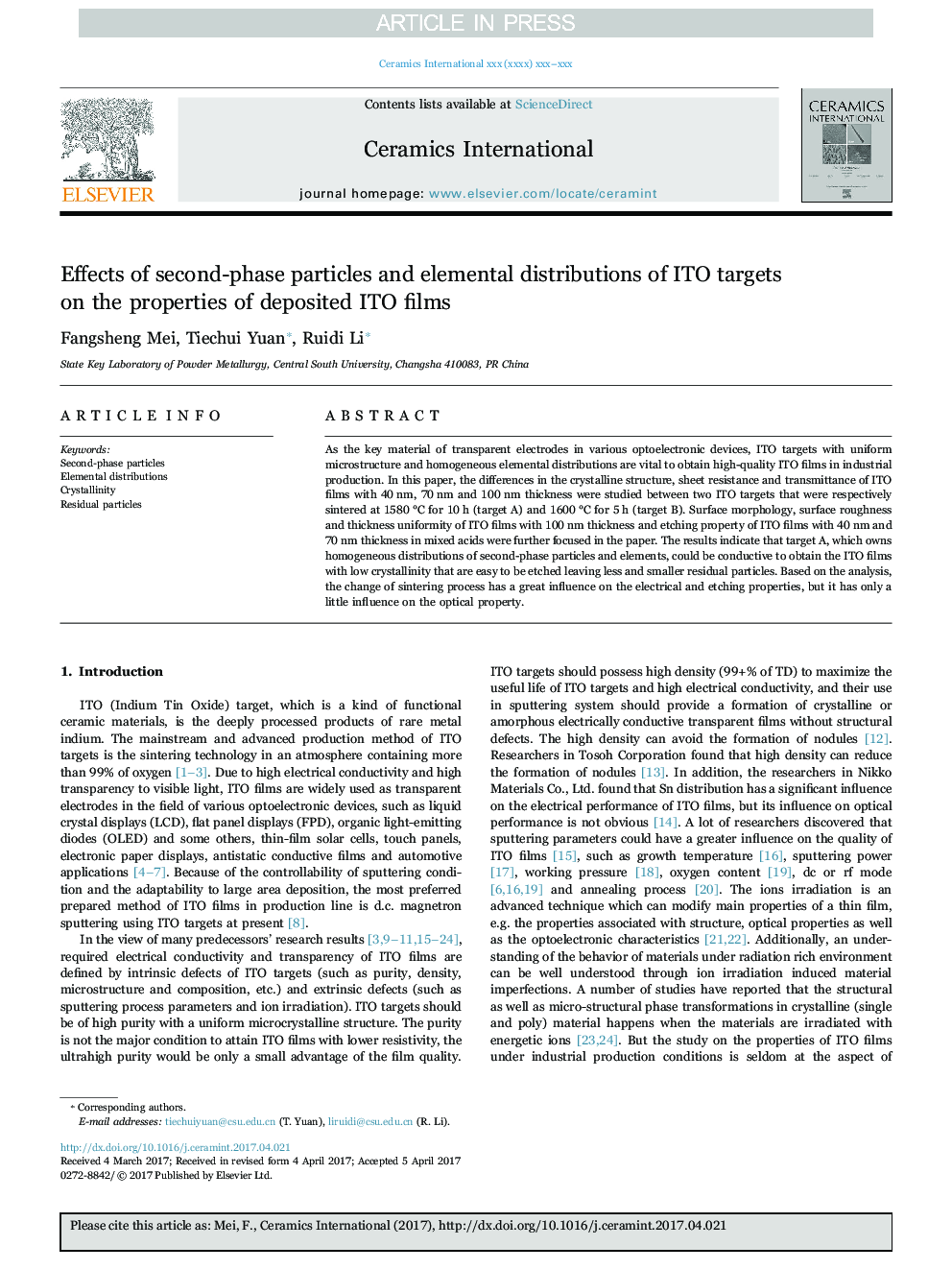 Effects of second-phase particles and elemental distributions of ITO targets on the properties of deposited ITO films