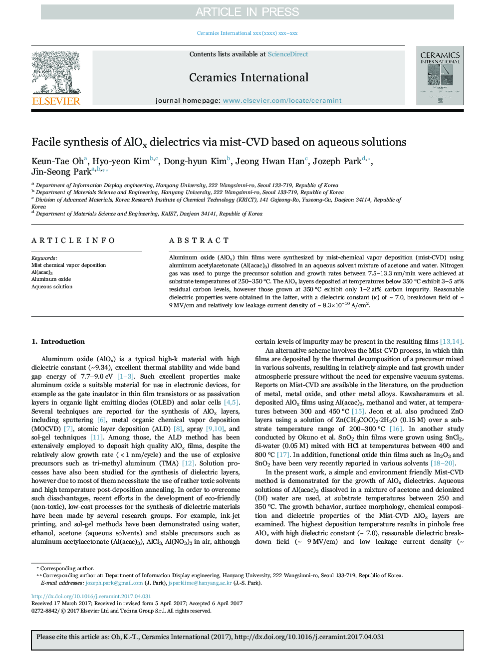 Facile synthesis of AlOx dielectrics via mist-CVD based on aqueous solutions